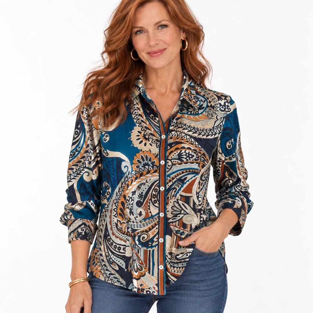 Chicos Chalet Chic Caroline Shirt Womens 2 Size Large Colorful Paisley No Iron